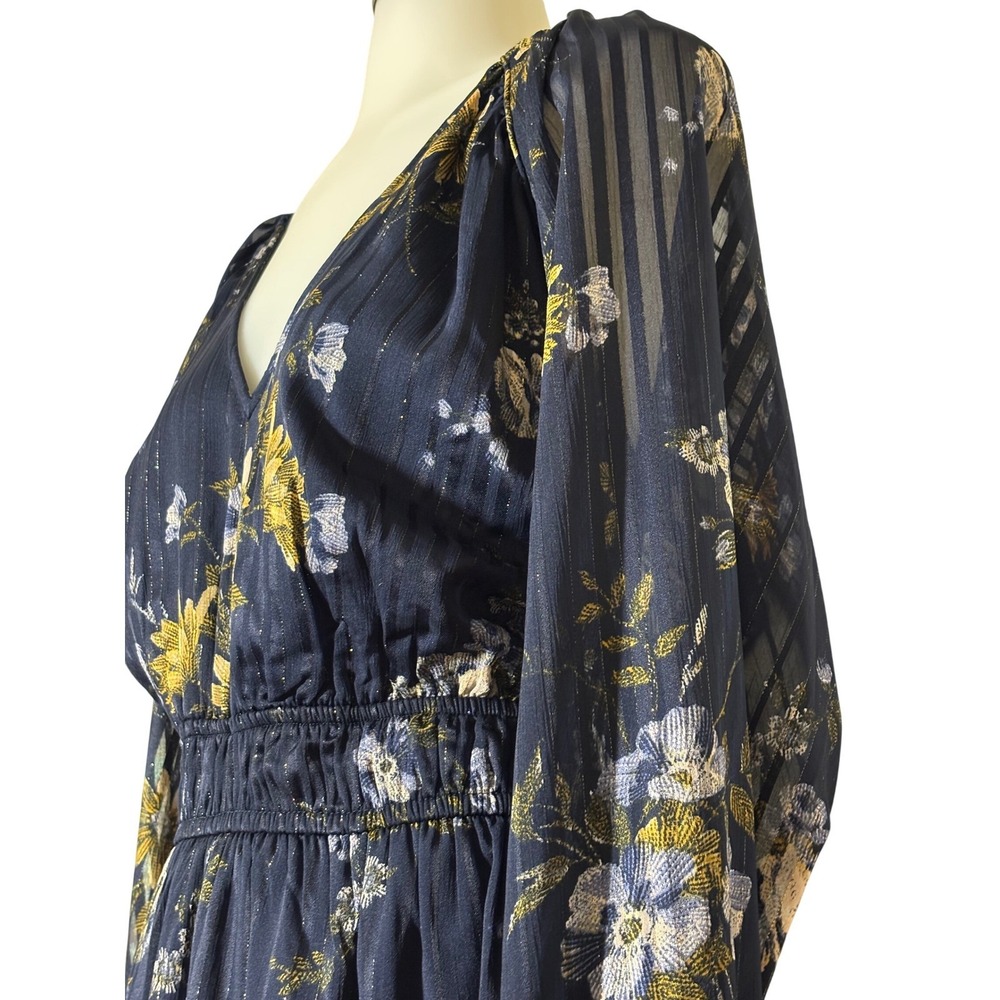 Maurices Floral Metallic Pinstripe Midi Dress Women Navy Blue Boho NWT Elegant!